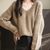Chanyarn Women's V Neck 100% Merino Wool Oversized Sweater 2025 Fall Winter Vintage Cable Long Sleeve Knit Sweater