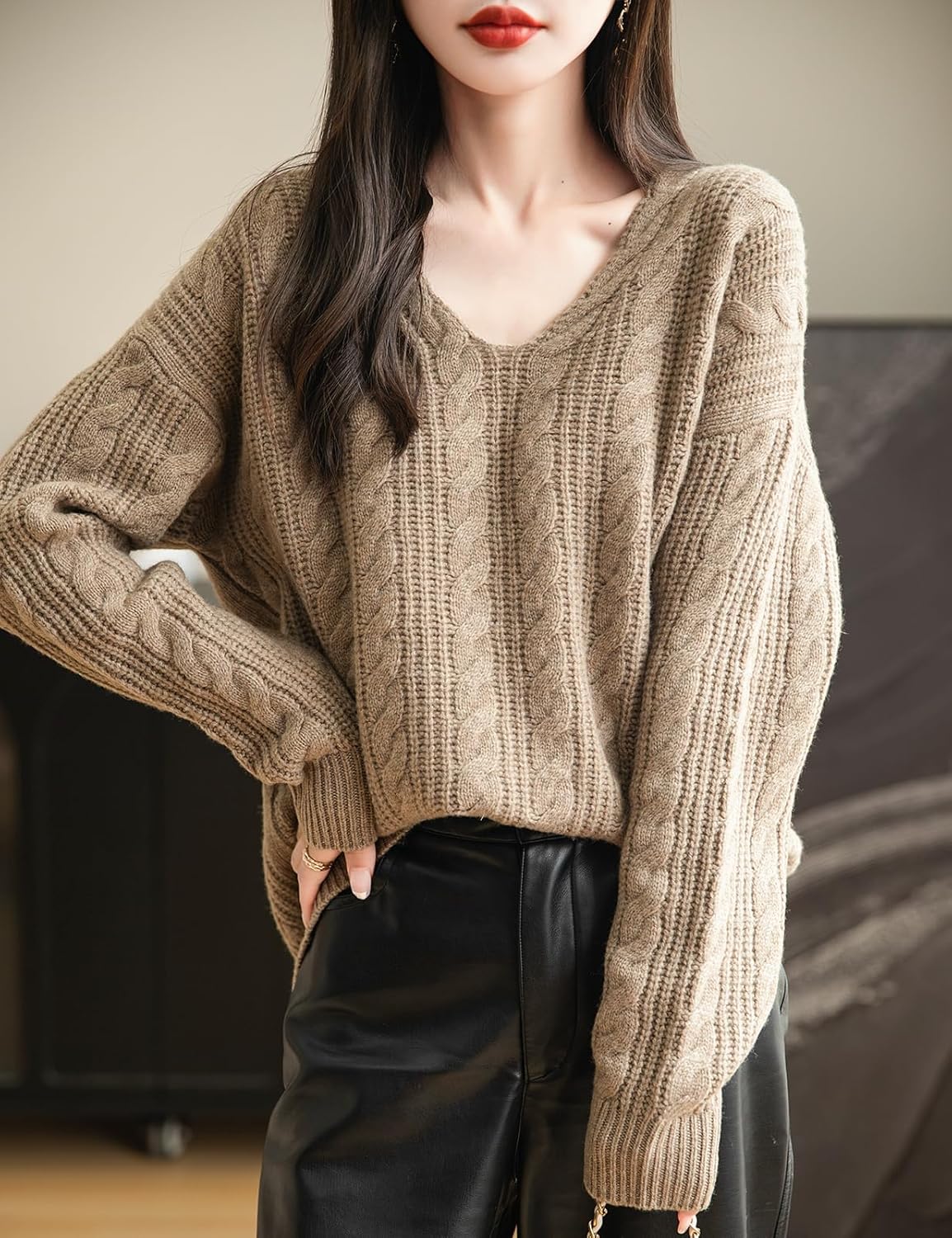 Chanyarn Women's V Neck 100% Merino Wool Oversized Sweater 2025 Fall Winter Vintage Cable Long Sleeve Knit Sweater