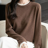 Women's Merino Wool Sweater 2025 Fall Winter Fake Two Piece Color Block Shirt Crewneck Long Sleeve Knit Pullover Top