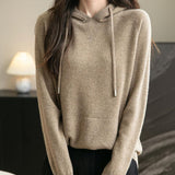 Felpa con tasca a maniche lunghe in lana merino al 100% da donna 2025 inverno calda morbida a manica lunga a maglia con tasca
