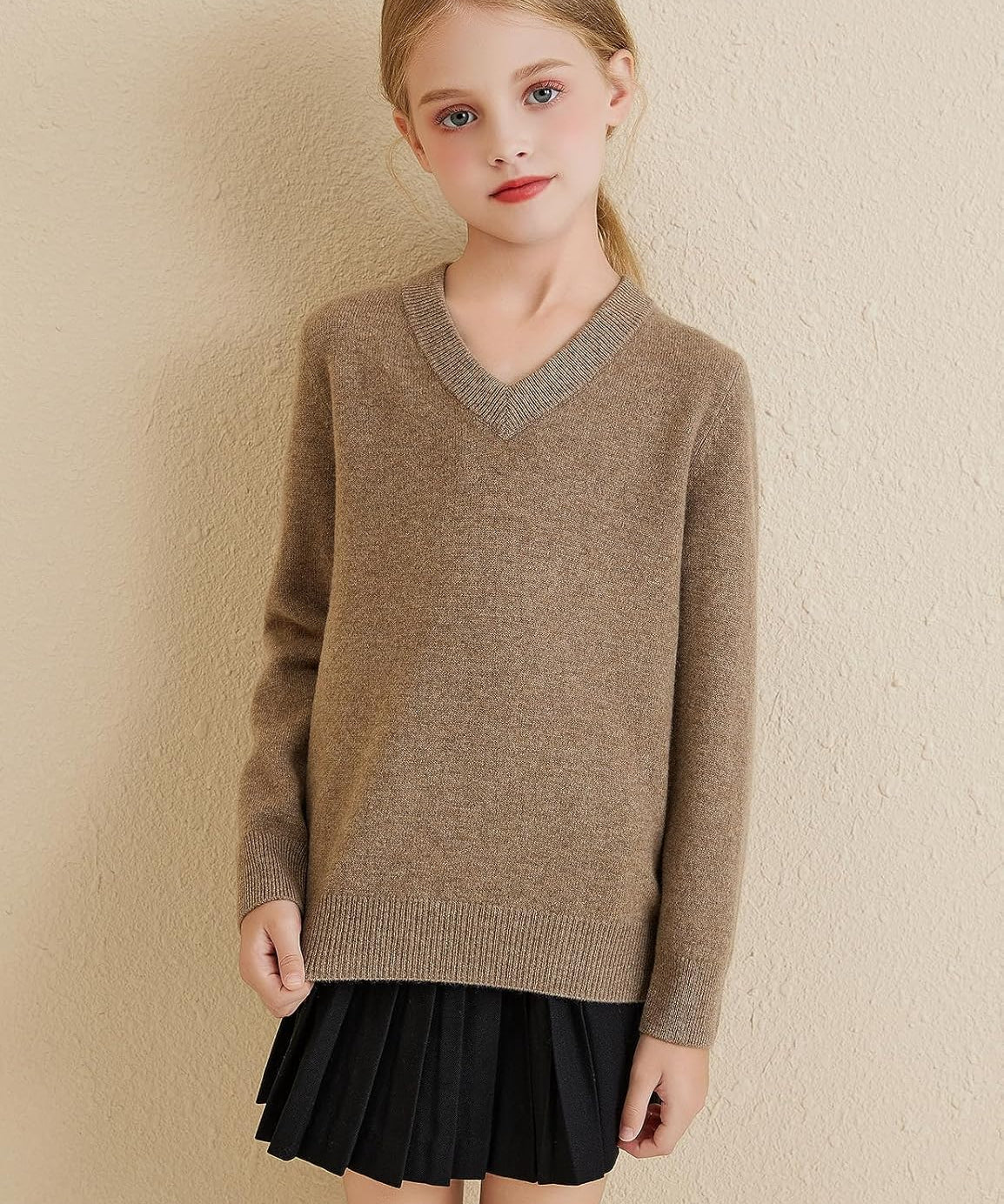 Girls 100% Merino Wool Classic V-Neck Sweater