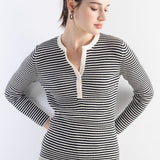 Women's Merino Wool Blend Sweater 2025 Fall Winter Crew Neck Striped Slim Fit Long Sleeve Knit Pullover with Button