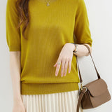 Chanyarn Women's 100% Merino Wool Sweater Crewneck Half Sleeve Tops Lightweight Spring Summer Sweater Knit Pullover