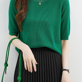 Chanyarn Women's 100% Merino Wool Sweater Crewneck Half Sleeve Tops Lightweight Spring Summer Sweater Knit Pullover