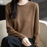Women's Merino Wool Sweater 2025 Fall Winter Fake Two Piece Color Block Shirt Crewneck Long Sleeve Knit Pullover Top