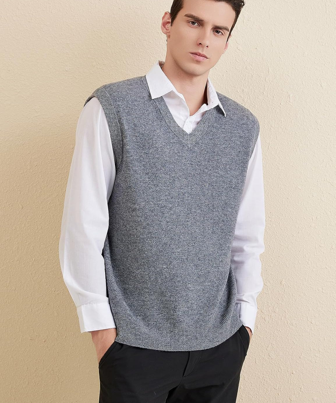 Men's 100% Merino Wool Sweater Vest 2025 Fall Winter Casual Solid V Neck Soft Sleeveless Knitted Sweater Vest