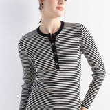 Women's Merino Wool Blend Sweater 2025 Fall Winter Crew Neck Striped Slim Fit Long Sleeve Knit Pullover with Button