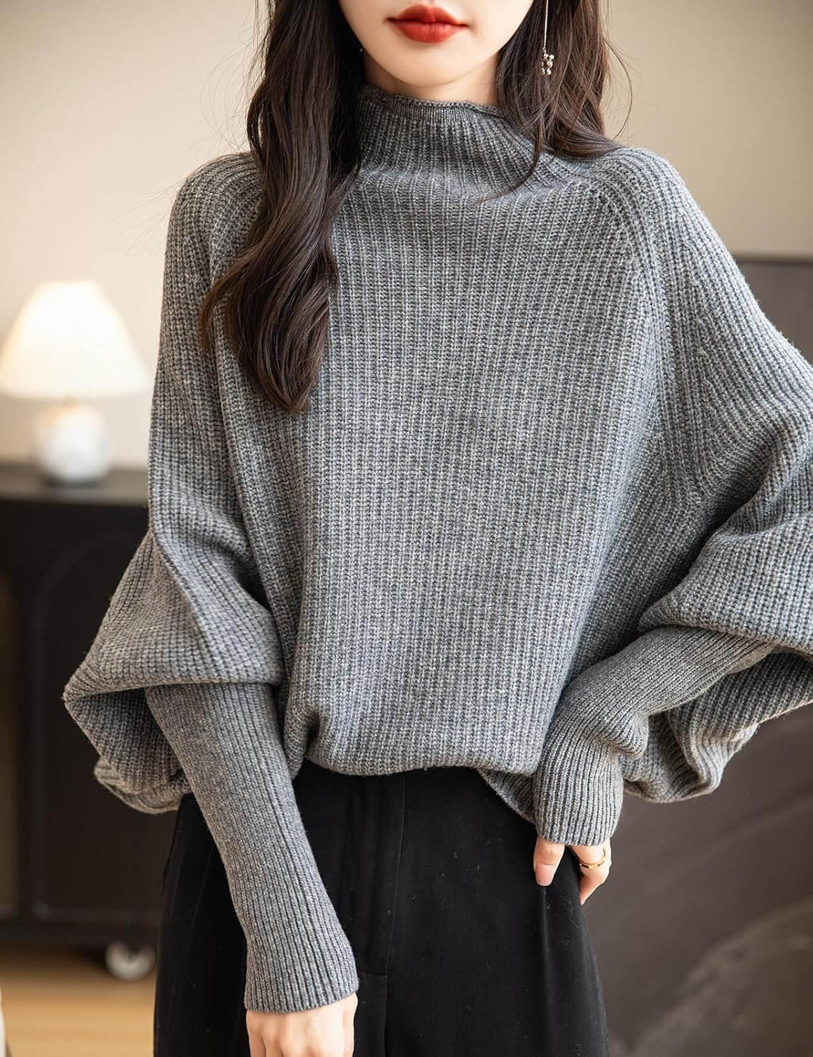 Chanyarn Women's 100% Merino Wool Sweater 2025 Fall Winter Mock Neck Oversized Long Batwing Sleeve Loose Knitted Sweater