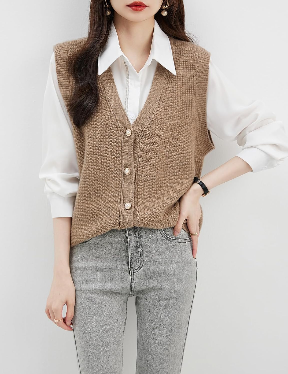 Women's 100% Merino Wool Sweater Vest 2025 Fall Winter V Neck Button Down Sleeveless Cable Knit Sweater Vest