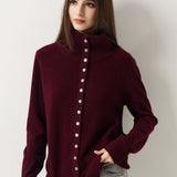 Cardigan de malha 100% lã Merino com gola alta