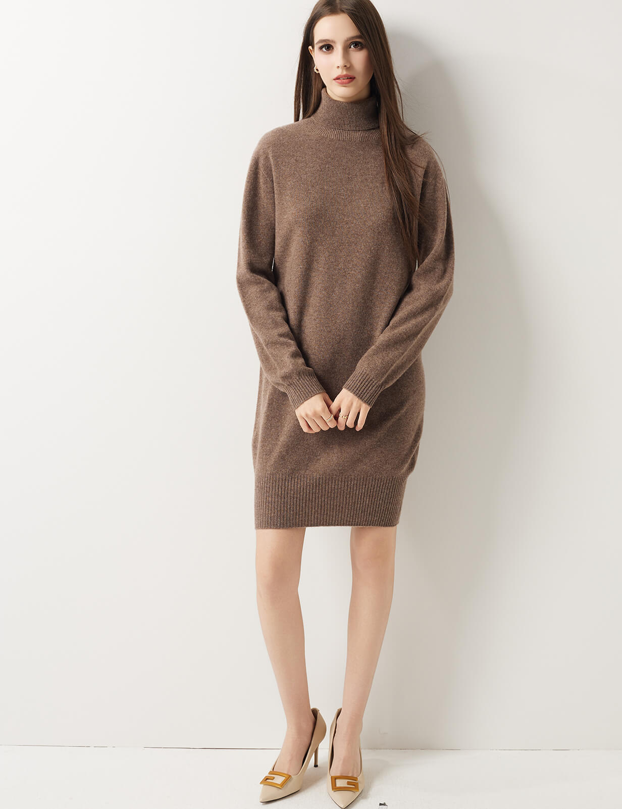 100% Merino Wool Turtleneck Knit Sweater Dress