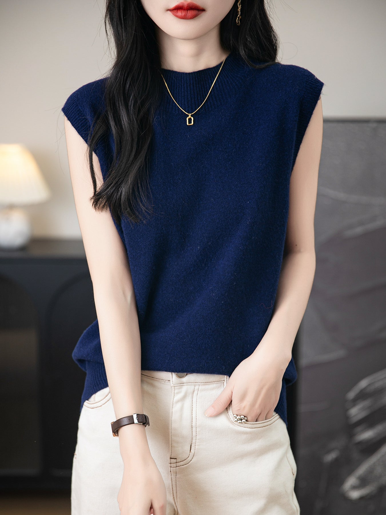 100% wełna merynosowa, dzianinowa kamizelka o luźnym kroju