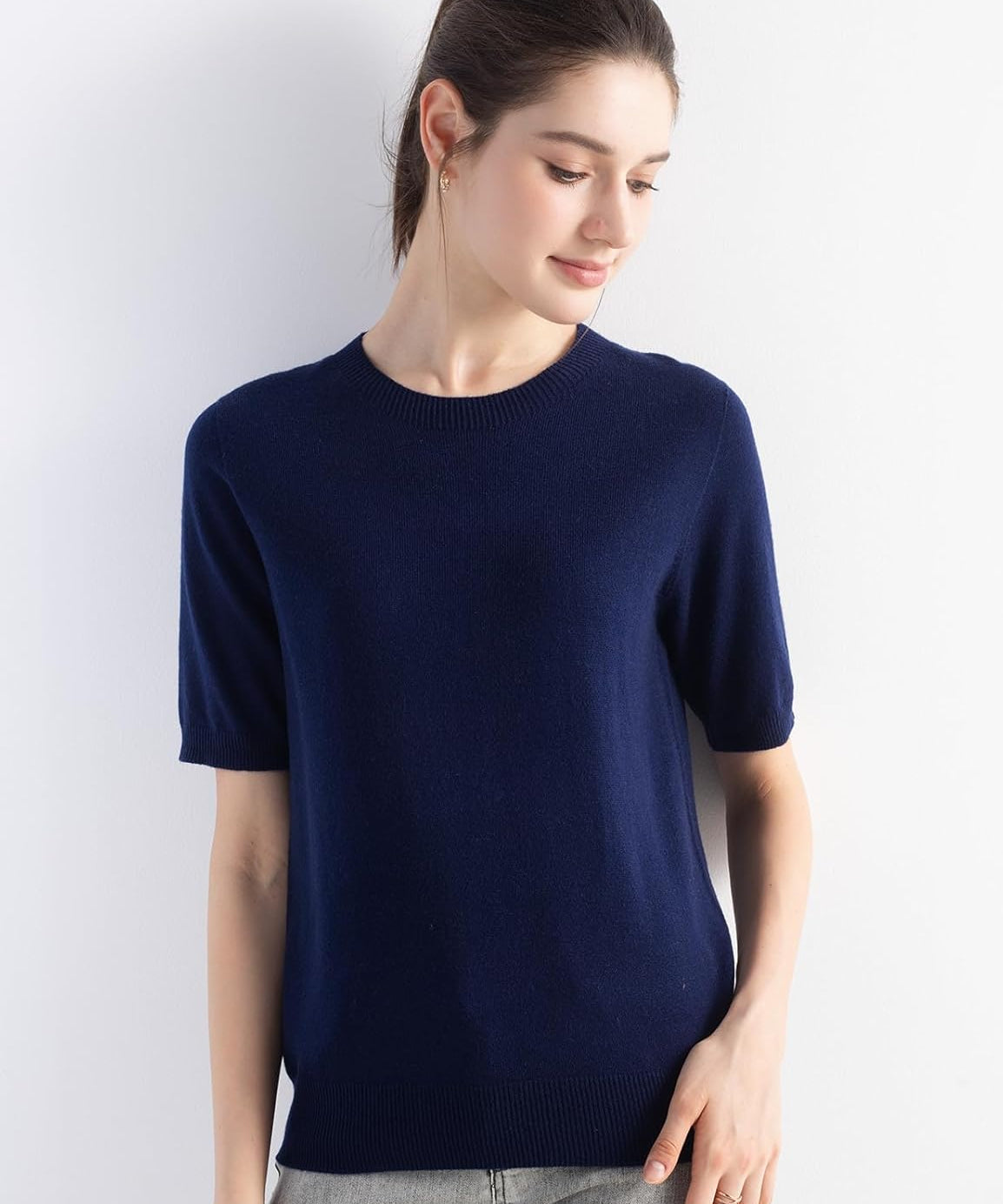 Merino Wool Crew Neck Short Sleeve Seamless Knit Sweater