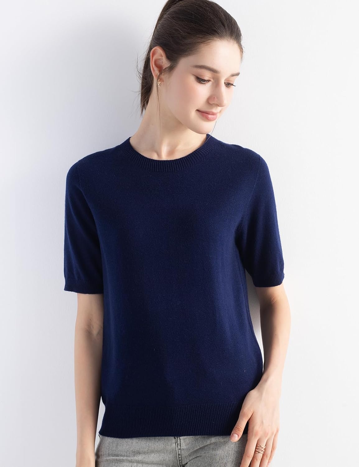 Merino Wool Blend Crew Neck Short Sleeve Seamless Knit Sweater