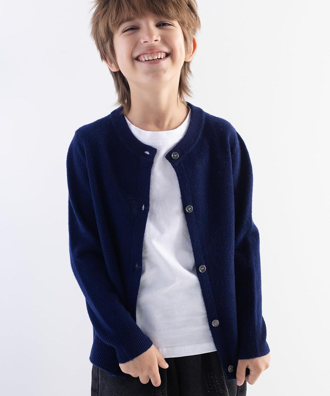 Boys' 100% Merino Wool Seamless Crewneck Cardigan