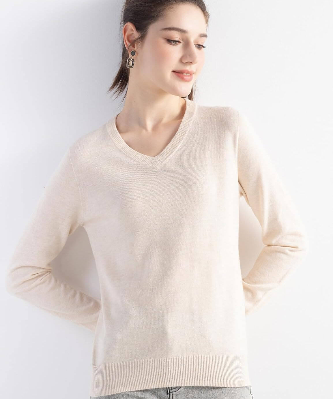 Merino Wool V-Neck Seamless Knit Sweater