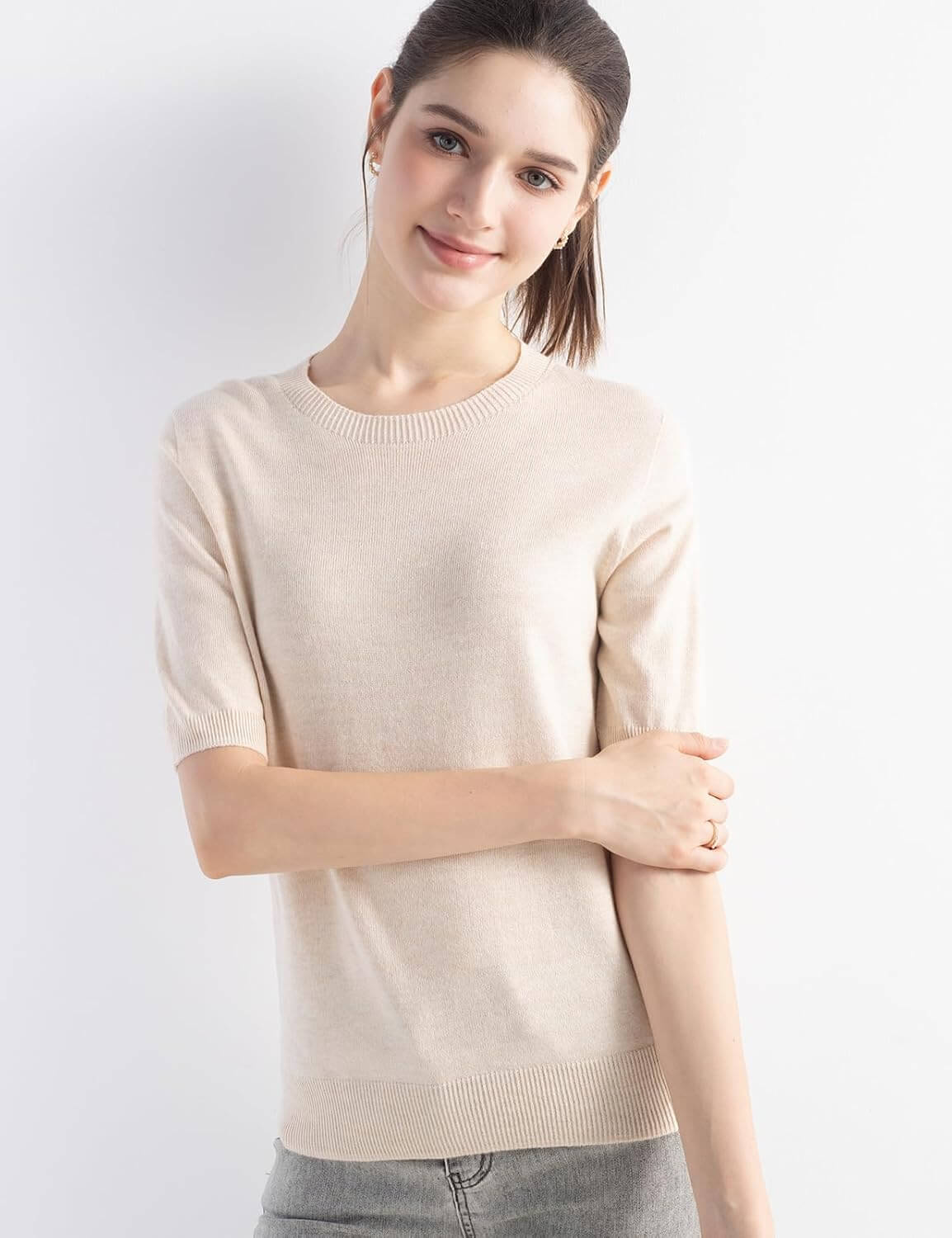 Merino Wool Blend Crew Neck Short Sleeve Seamless Knit Sweater