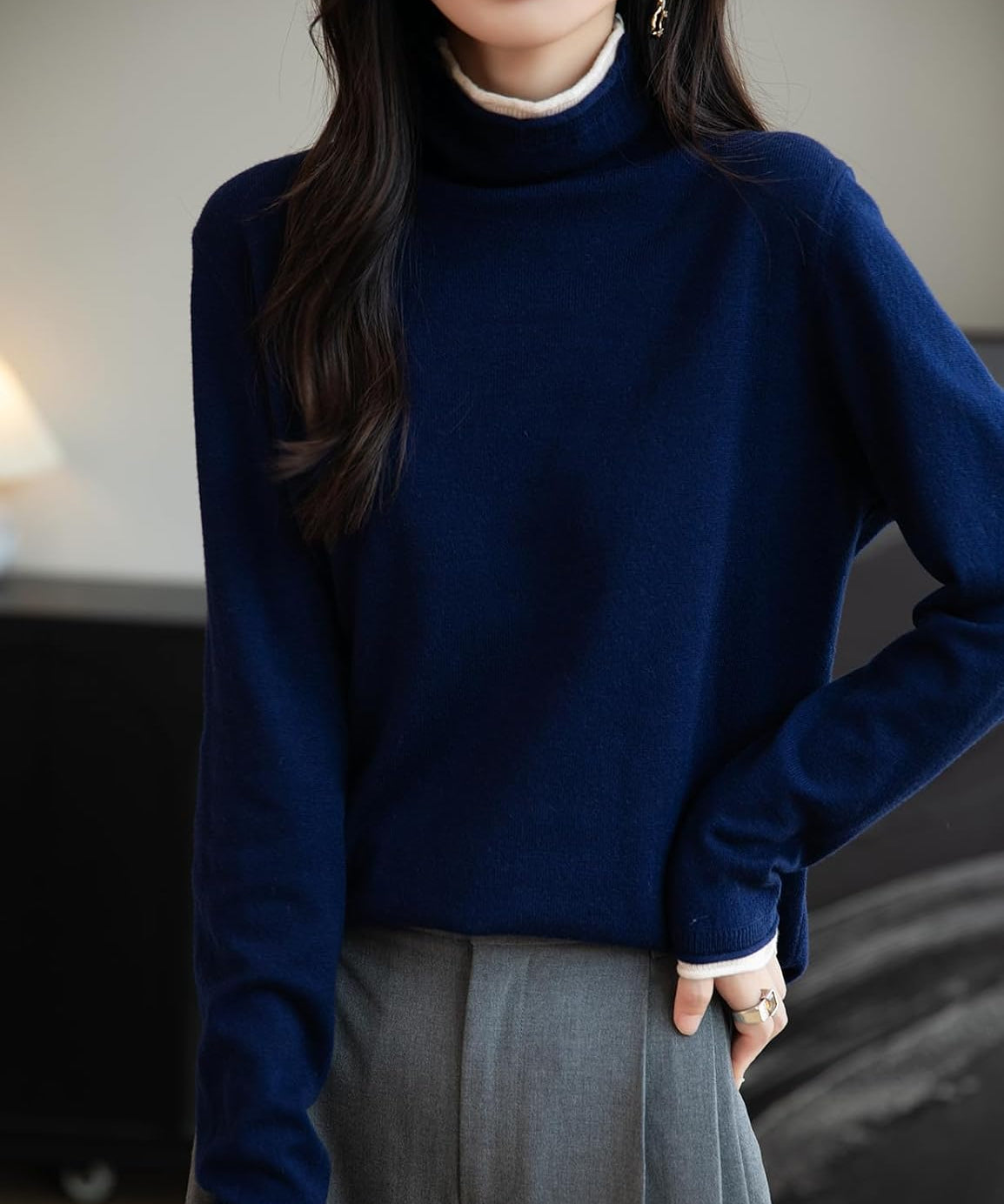Merino Wool Blend Color Block Turtleneck Sweater