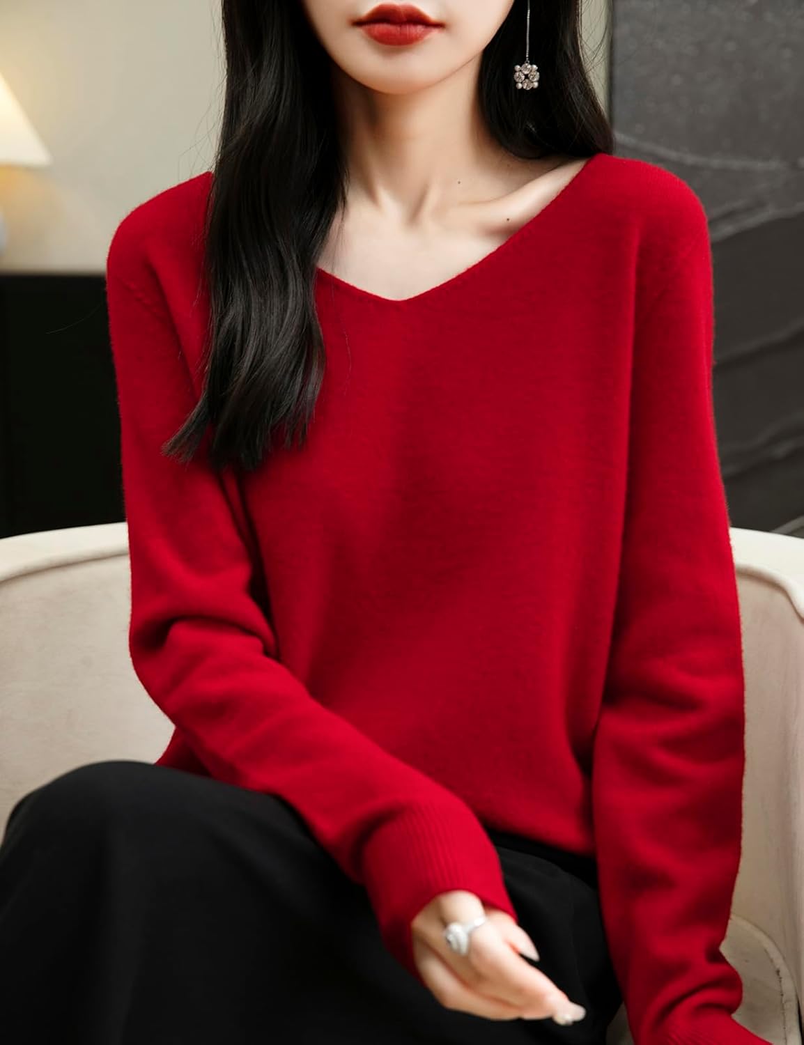 100% Merino Wool V-Neck Seamless Casual Sweater