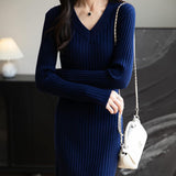 Women's Merino Wool Blend Sweater Dress Fashion 2025 Fall Winter Sexy V-Neck Slim Fit Long Sleeve Ribbed Knit Dress