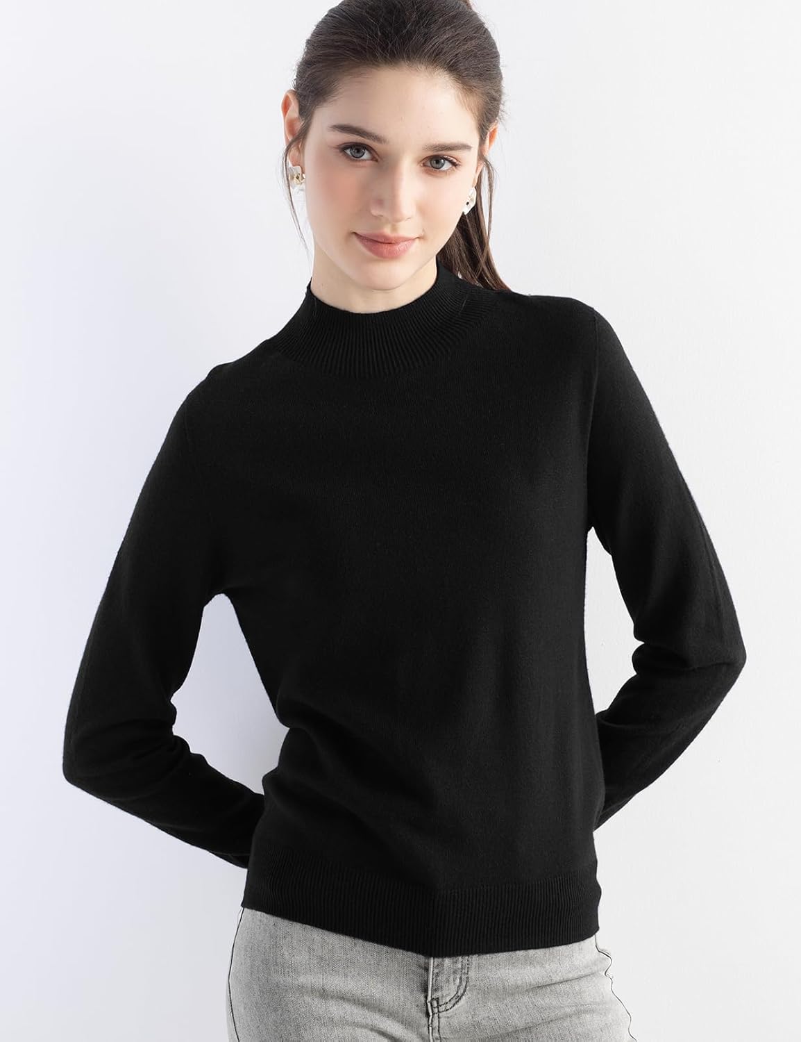 Merino Wool Blend Mock Neck Seamless Knit Sweater