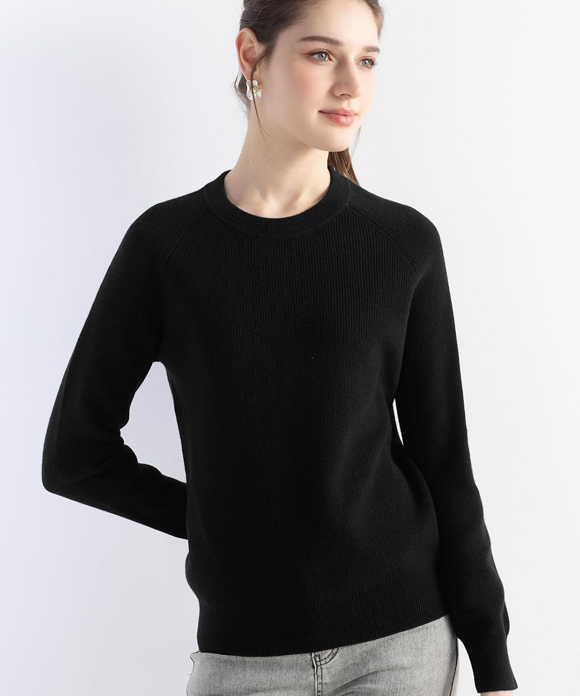 Merino Wool Blend Crew Neck Knit Sweater