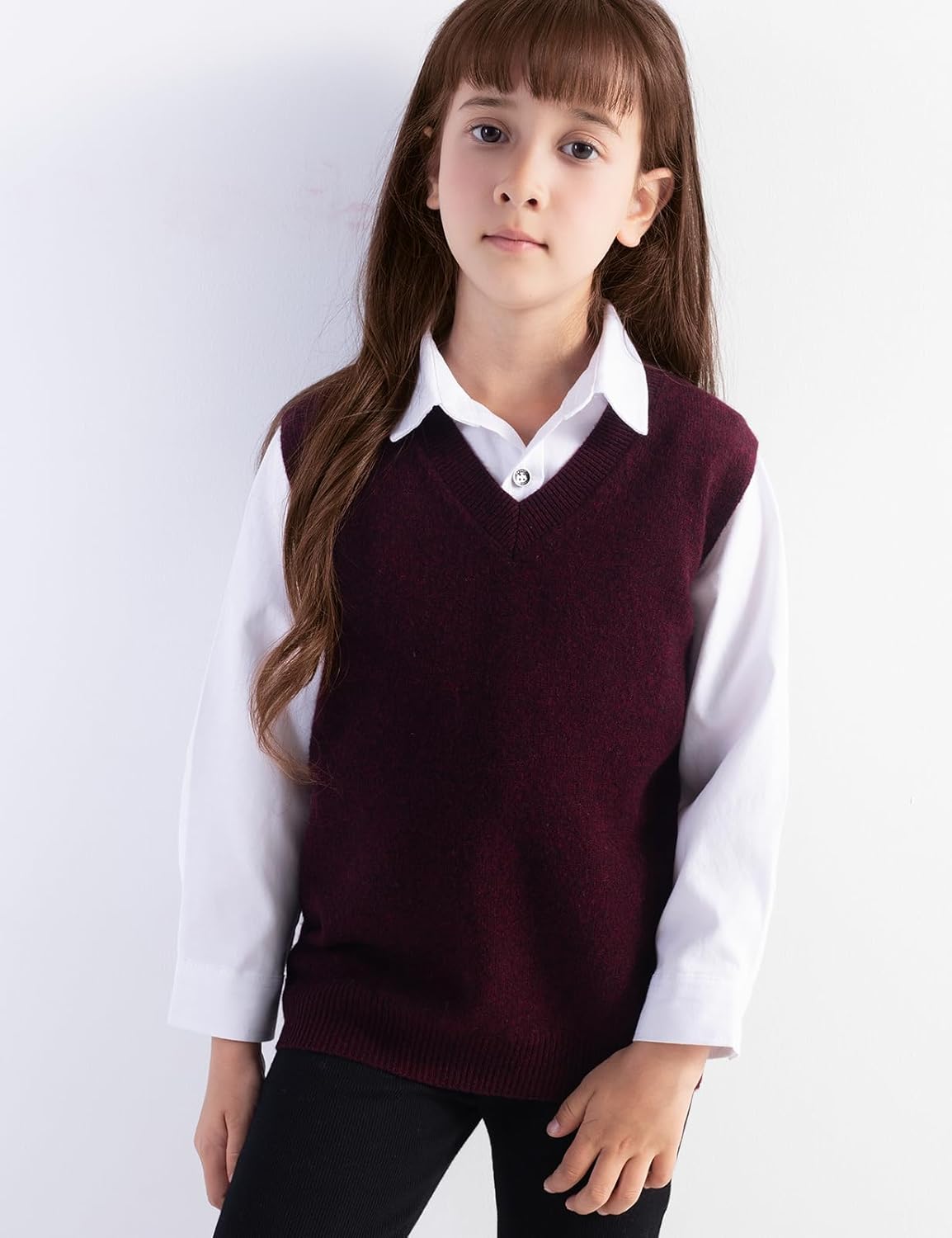 Girls 100% Merino Wool Sweater Vest V-Neck Sleevless 2025 Fall Winter Cable Tops Knitted Pullover Vest