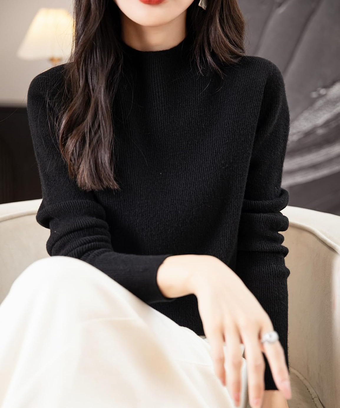 Women's 100% Merino Wool Seamless Ribbed Mock Neck Sweater