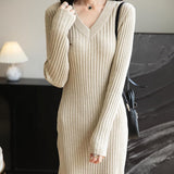 Women's Merino Wool Blend Sweater Dress Fashion 2025 Fall Winter Sexy V-Neck Slim Fit Long Sleeve Ribbed Knit Dress