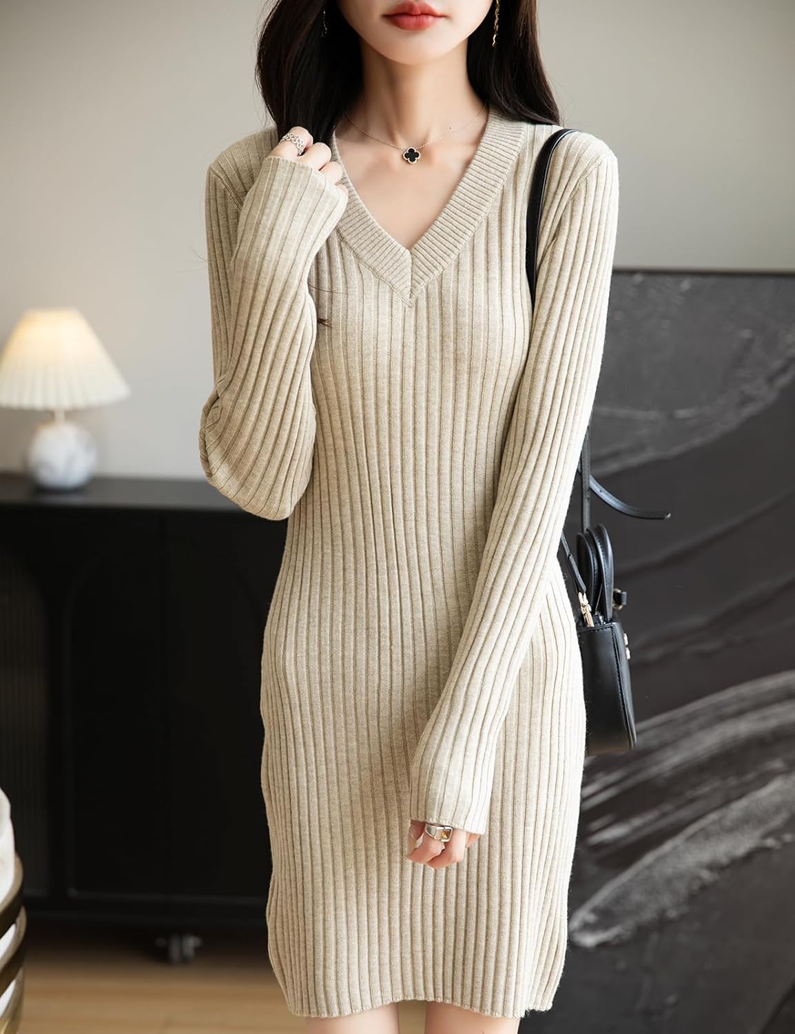 Women's Merino Wool Blend Sweater Dress Fashion 2025 Fall Winter Sexy V-Neck Slim Fit Long Sleeve Ribbed Knit Dress