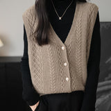 Women's 100% Merino Wool Sweater Vest 2025 Fall Winter V Neck Button Down Sleeveless Cable Knit Sweater Vest