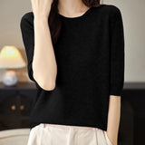 Chanyarn Women's 100% Merino Wool Sweater Crewneck Half Sleeve Tops Lightweight Spring Summer Sweater Knit Pullover