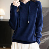 Women's Merino Wool Hoodies 2025 Fall Winter Casual Crewneck Sweatshirt Long Sleeve Knitted Sweater with Drawstring