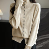 Women's Merino Wool Blend Cardigan 2025 Fall Winter Casual Mock Neck Long Sleeve Knit Cardigan with Buttons