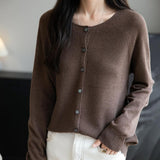 Women's Merino Wool Cardigan Crew Neck Fall Winter Long Sleeve First-Line Ready to Wear Seamless Knit Cardigan