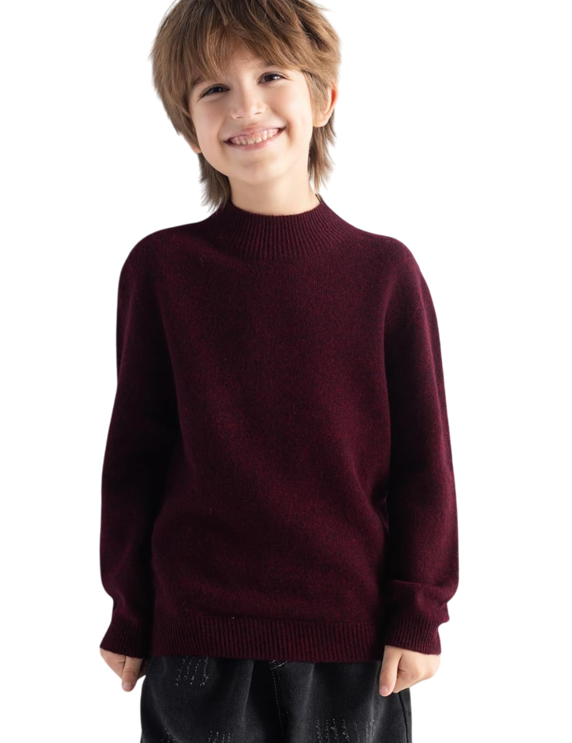 Child wearing a maroon sweater on a white background