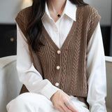 Women's Merino Wool Blend Sweater Vest 2025 Fall Winter Casual V Neck Cable Sleeveless Knit Cardigan with Button