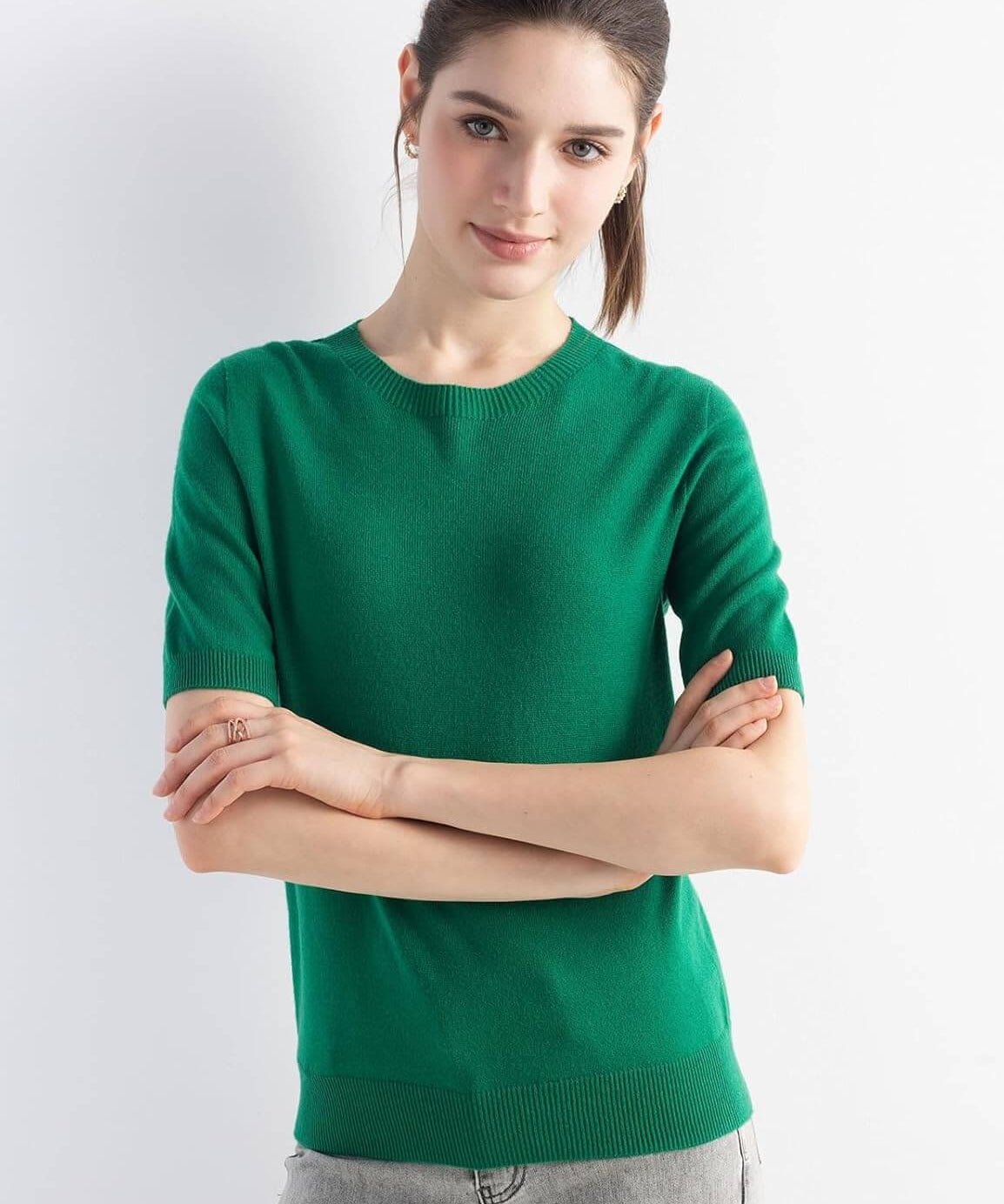 Merino Wool Crew Neck Short Sleeve Seamless Knit Sweater