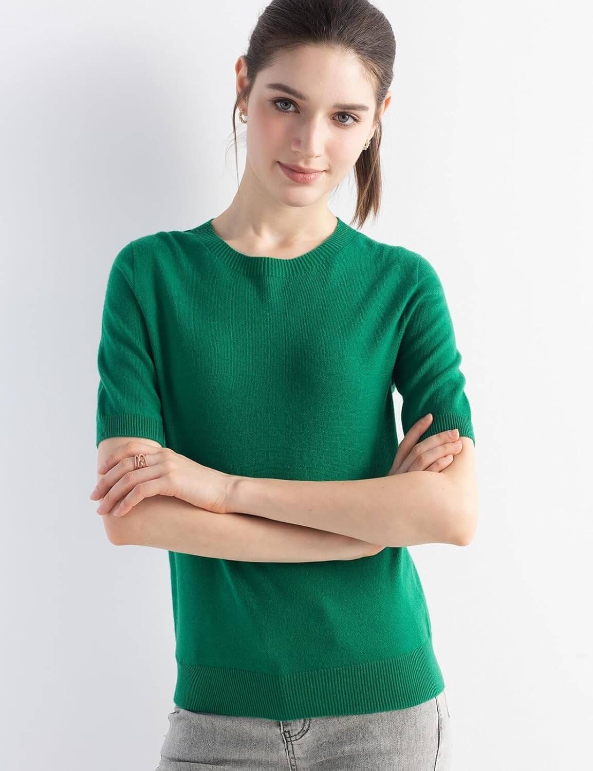 Merino Wool Blend Crew Neck Short Sleeve Seamless Knit Sweater