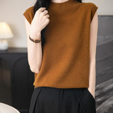 Women's 100% Merino Wool Spring Fall Winter First-Line Ready to Wear Mock Neck Seamless Knit Sleeveless Sweater Vest