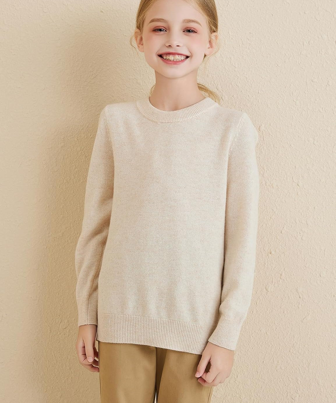Girls 100% Merino Wool Solid Crewneck Sweater