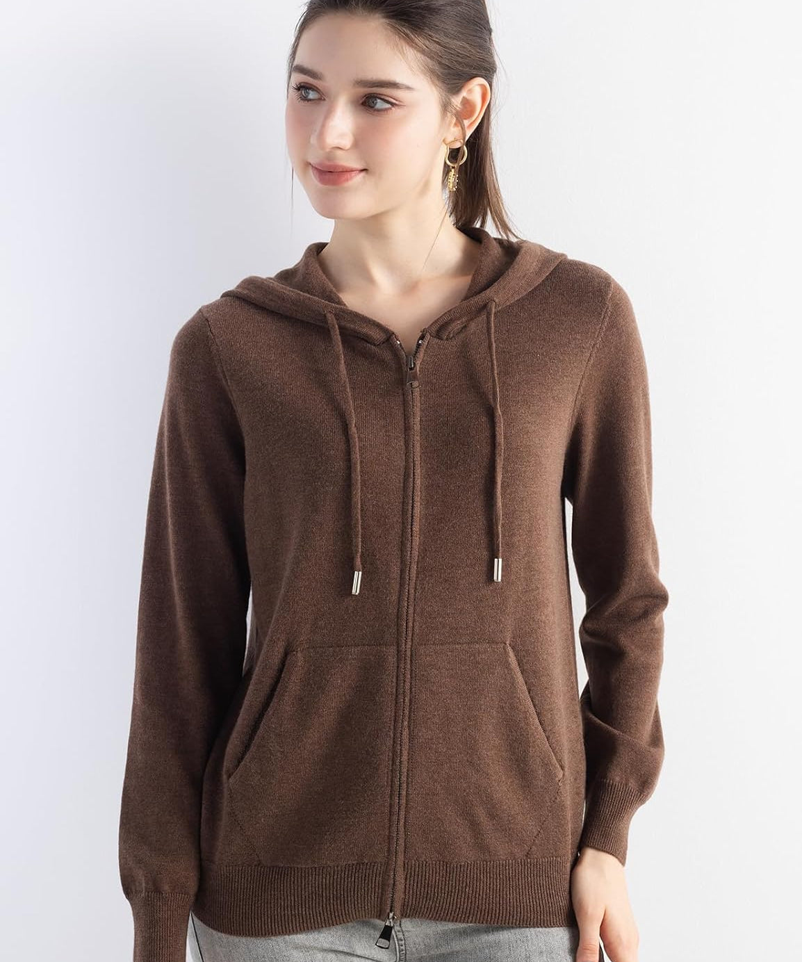 Merino Wool Blend Zipper Crewneck Hooded Knit Cardigan