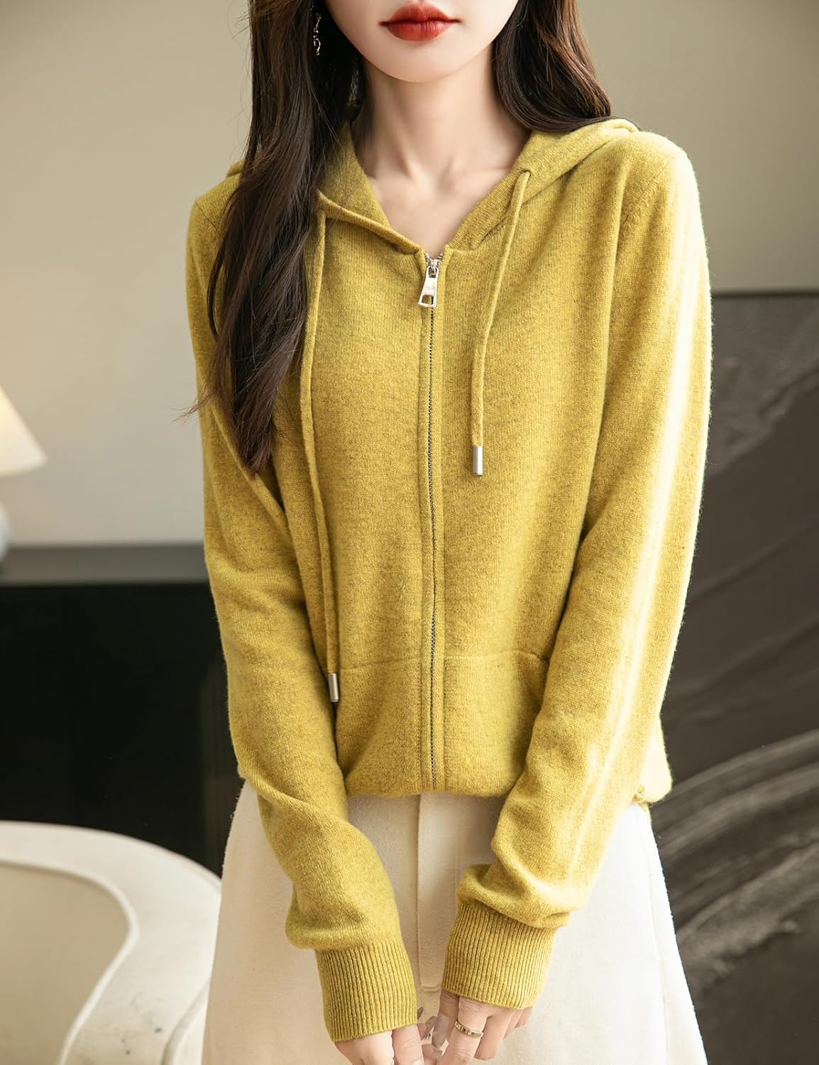 Women's 100% Merino Wool Zip Up Hoodies 2025 Fall Winter Warm Long Sleeve Knit Sweatshirt Cardigan with Pocket