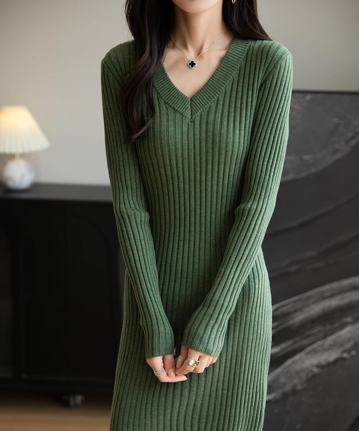 Merino Wool Blend V-Neck Ribbed Knit Sweater Dress