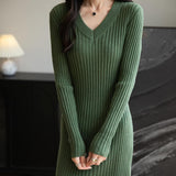 Women's Merino Wool Blend Sweater Dress Fashion 2025 Fall Winter Sexy V-Neck Slim Fit Long Sleeve Ribbed Knit Dress
