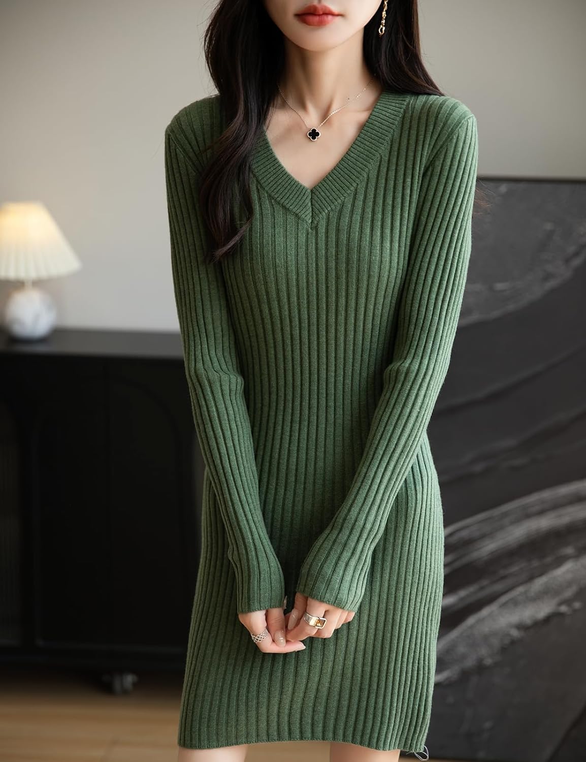 Women's Merino Wool Blend Sweater Dress Fashion 2025 Fall Winter Sexy V-Neck Slim Fit Long Sleeve Ribbed Knit Dress