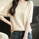 Women's 100% Merino Wool Spring Fall Winter First-Line Ready to Wear Seamless Knit Crewneck Short Sleeve Sweater
