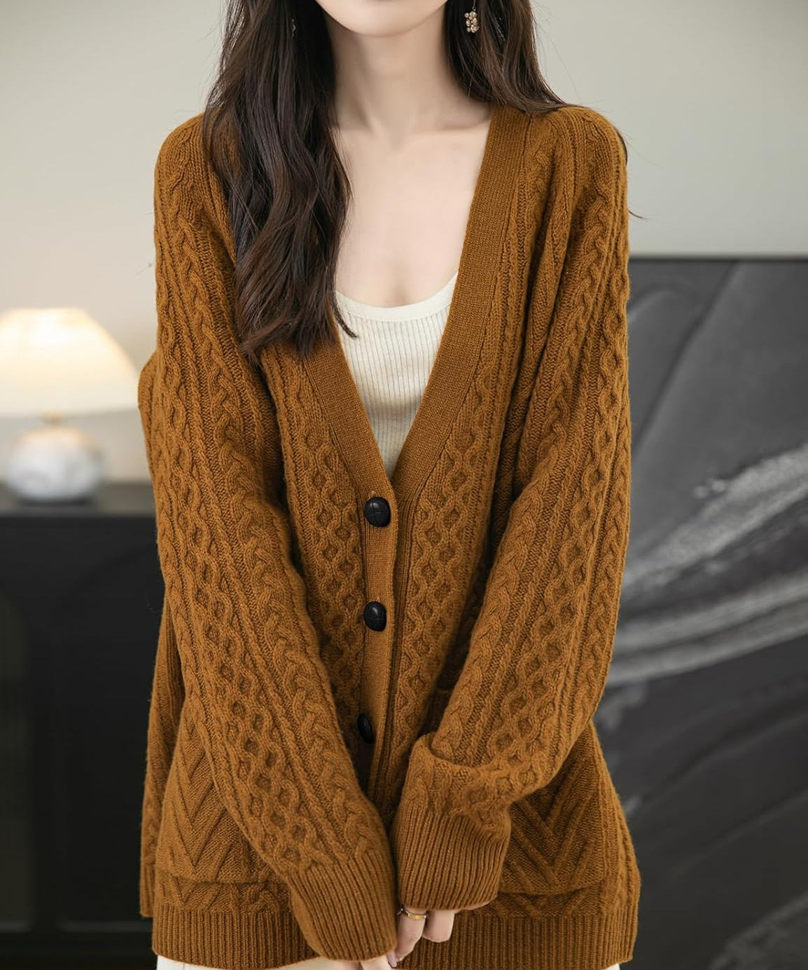 Chanyarn Women's 100% Merino Wool Sweater 2025 Fall Winter V Neck Long Sleeve Vintage Cable Knitted Cardigan Sweater