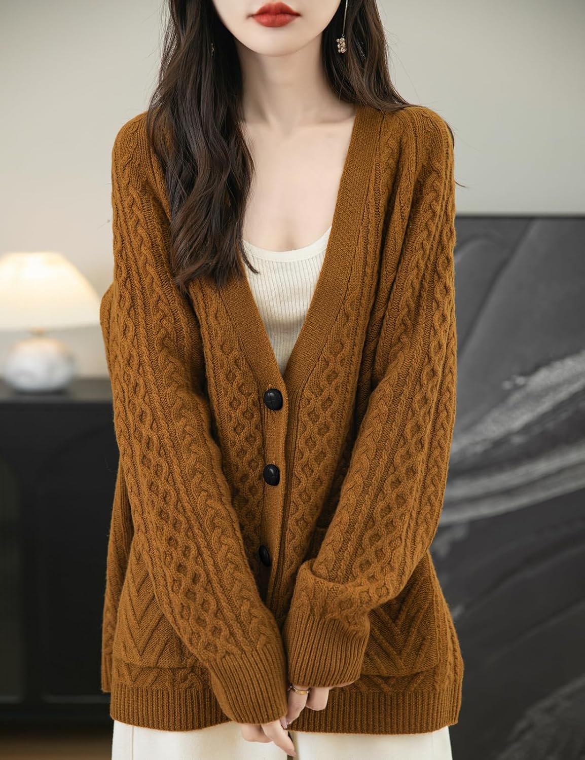 Chanyarn Women's 100% Merino Wool Sweater 2025 Fall Winter V Neck Long Sleeve Vintage Cable Knitted Cardigan Sweater