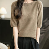 Women's 100% Merino Wool Spring Fall Winter First-Line Ready to Wear Seamless Knit Crewneck Short Sleeve Sweater